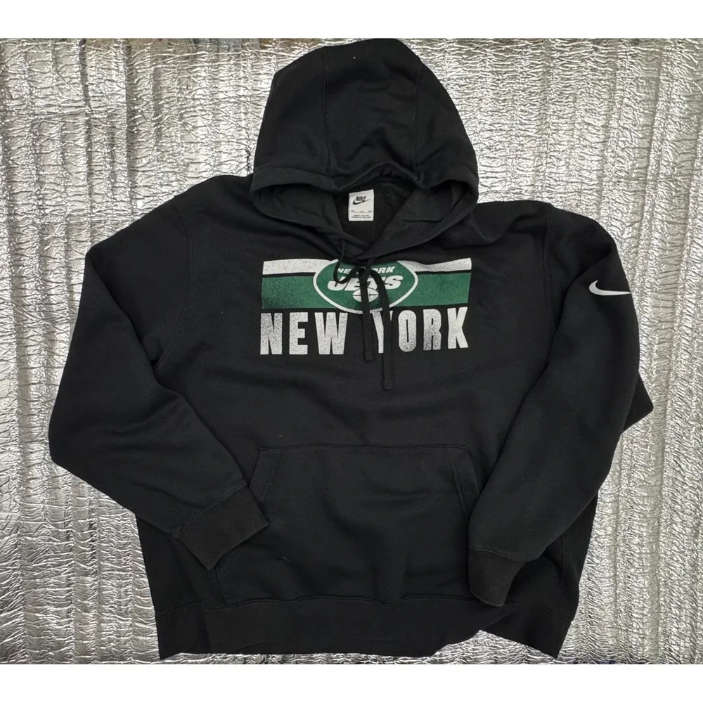 Nike New York Jets NFL Hoodie Mens XXL Black Distressed Graphic Sweatshirt